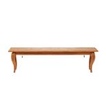 A LONG WOODEN BENCH WITH CABRIOLE LEGS