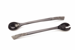 A PAIR OF LOTUS ARTS DE VIVRE SILVER MOUNTED SALAD SERVERS