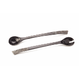 A PAIR OF LOTUS ARTS DE VIVRE SILVER MOUNTED SALAD SERVERS