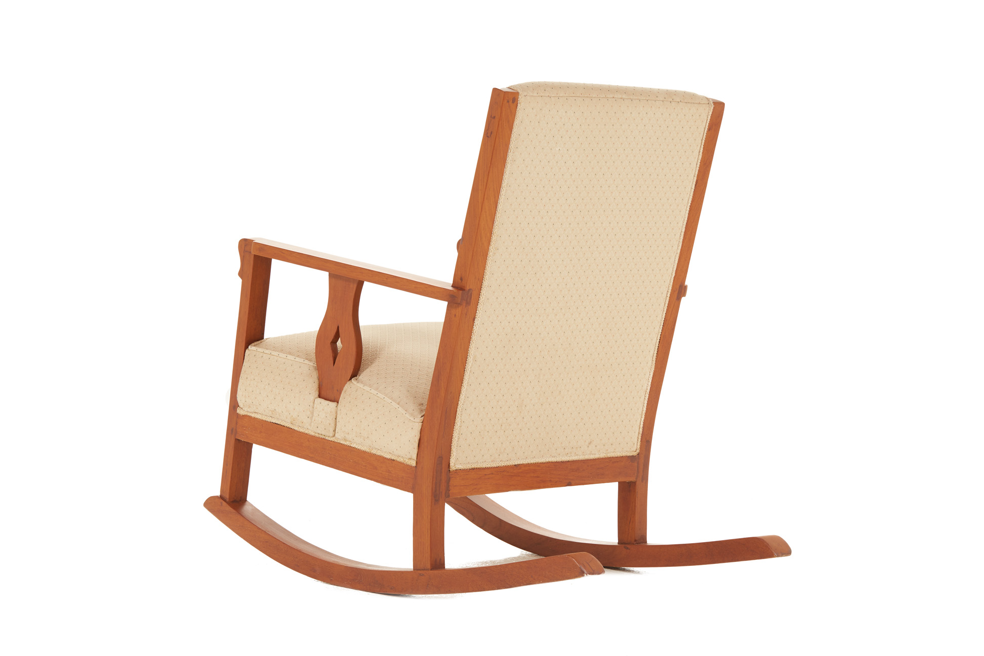 AN UPHOLSTERED TEAK ROCKING CHAIR - Image 3 of 6