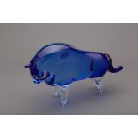 A BLUE GLASS MURANO BULL SCULPTURE