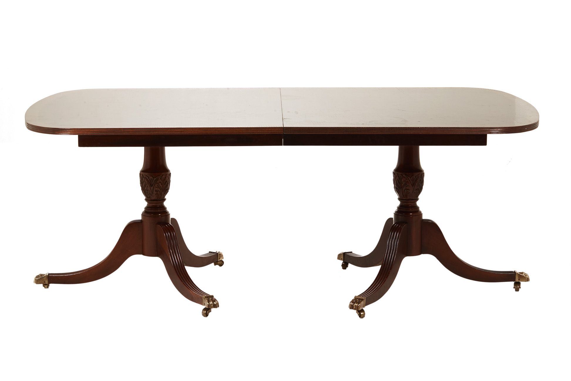 A GEORGE III STYLE TWIN PILLAR EXTENDING DINING TABLE - Image 2 of 5