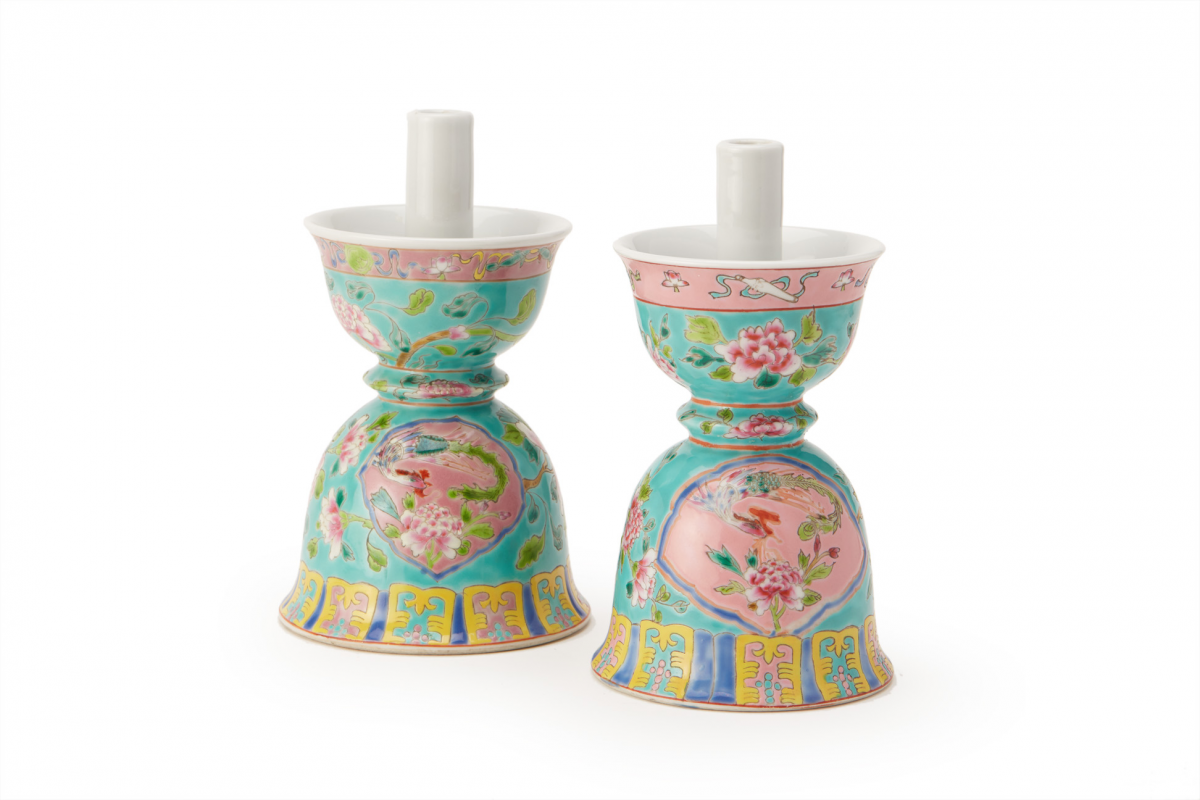 A PAIR OF STRAITS CHINESE CANDLE HOLDERS