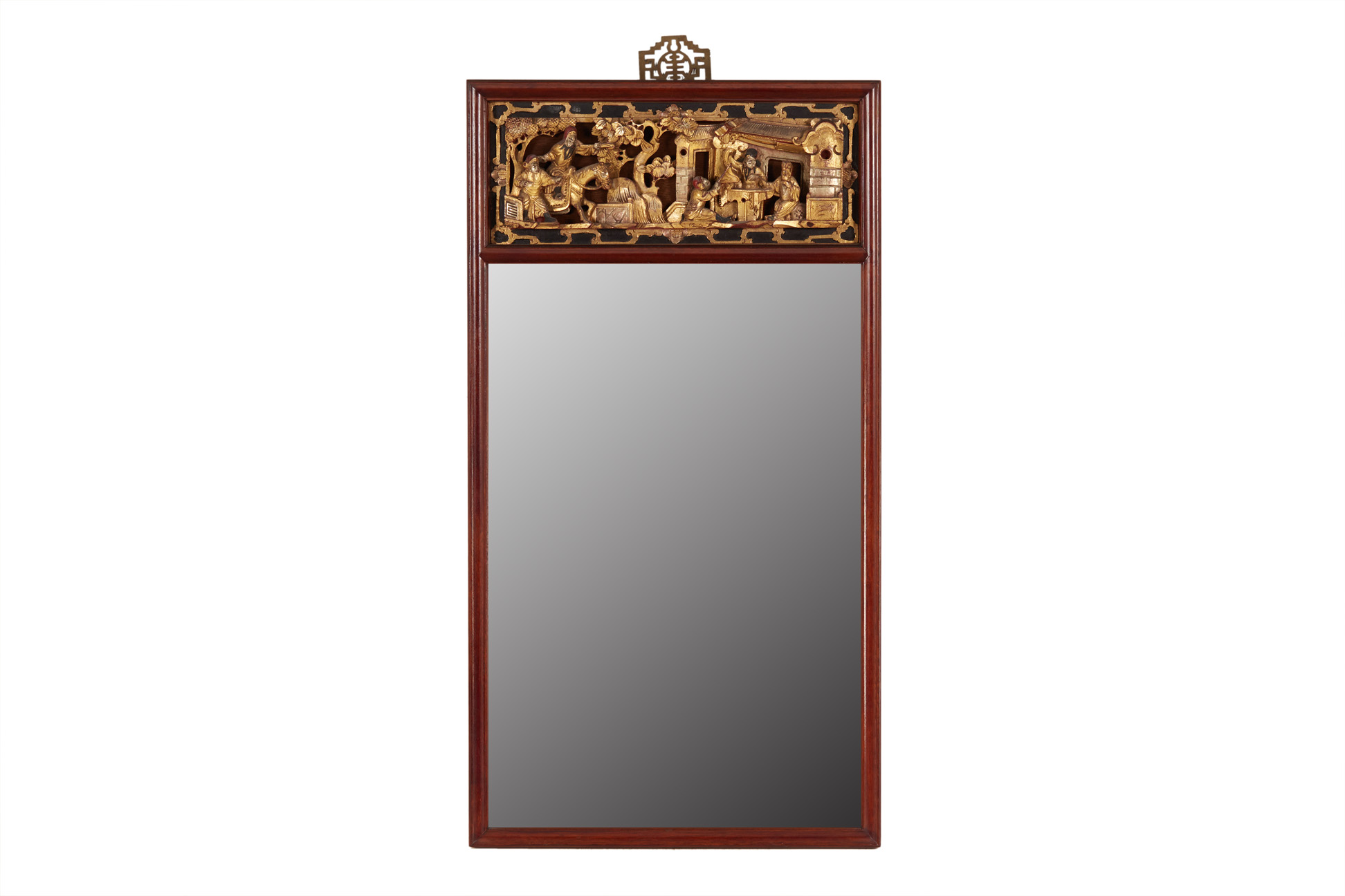 A WALL MIRROR WITH PERANAKAN CARVED AND GILT PANEL