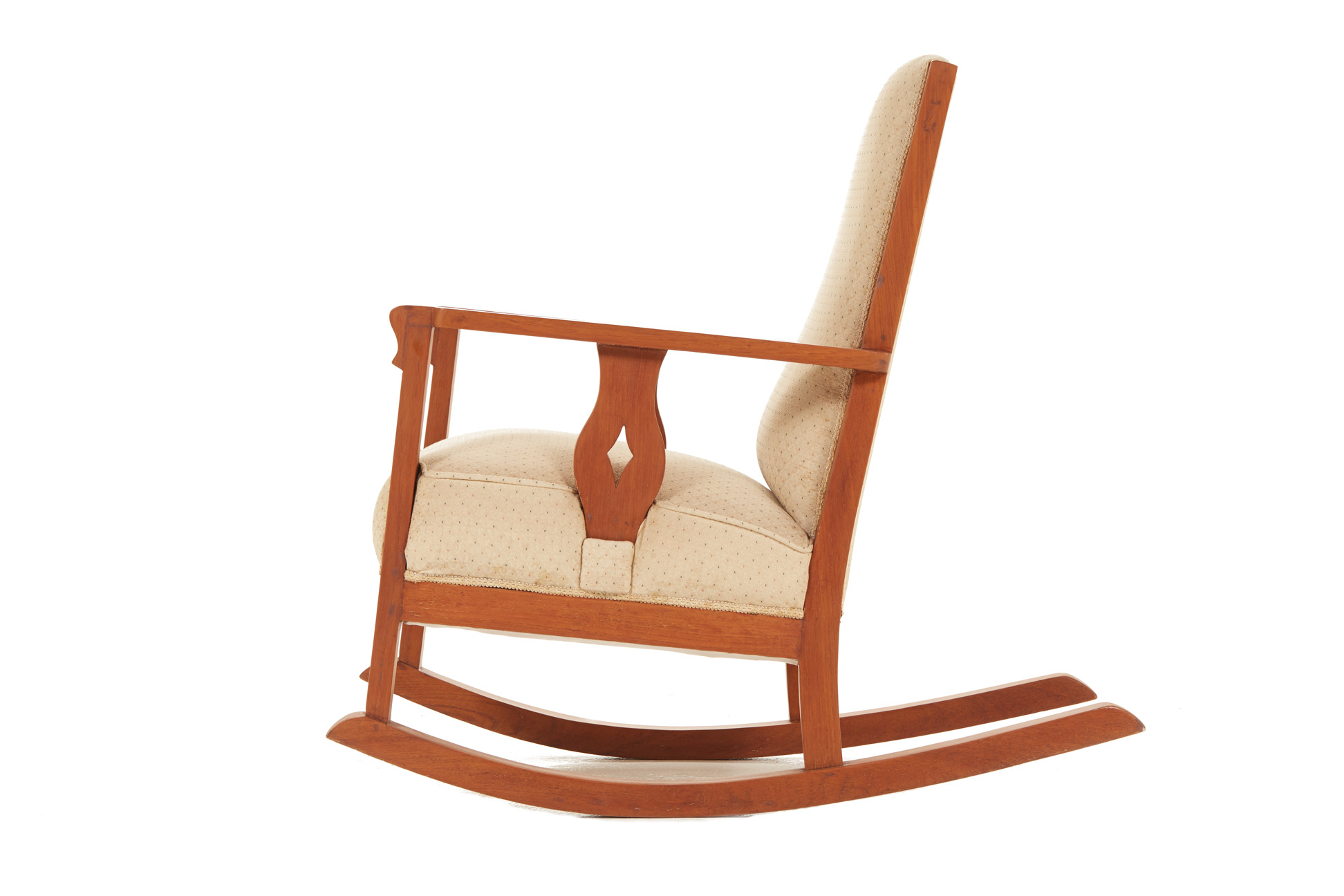 AN UPHOLSTERED TEAK ROCKING CHAIR - Image 2 of 6