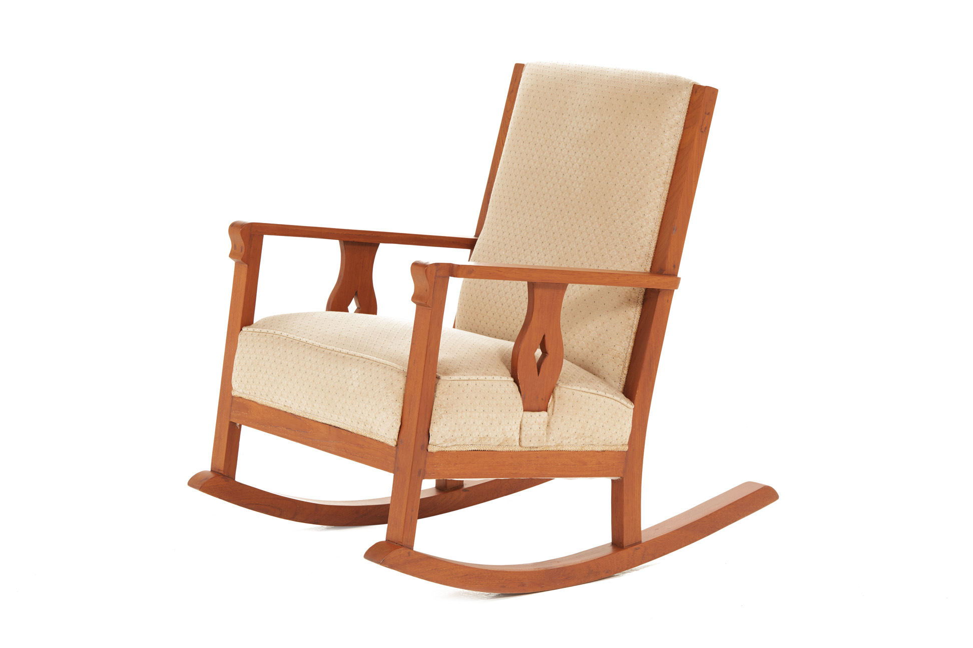 AN UPHOLSTERED TEAK ROCKING CHAIR