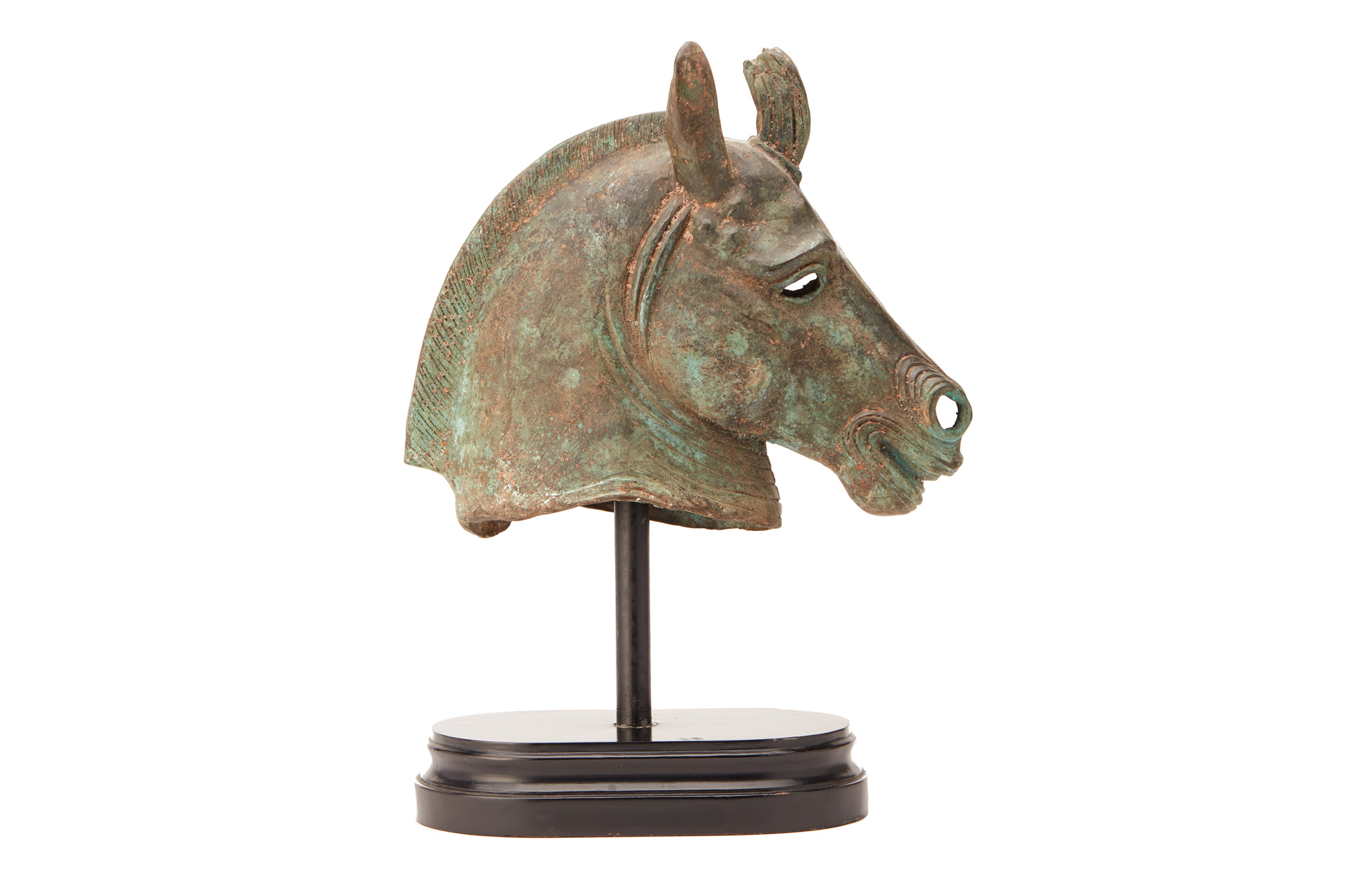 A BRONZE HORSE HEAD ON STAND
