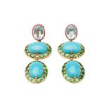 A PAIR OF TURQUOISE, AQUAMARINE AND GEM SET DROP EARRINGS