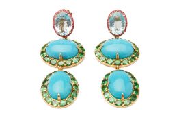 A PAIR OF TURQUOISE, AQUAMARINE AND GEM SET DROP EARRINGS