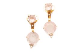 A PAIR OF ROSE QUARTZ AND WHITE SAPPHIRE DROP EARRINGS