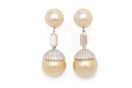 A PAIR OF PLATINUM, DIAMOND AND SOUTH SEA PEARL EARRINGS