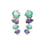 A PAIR OF TANZANITE AND EMERALD EARRINGS