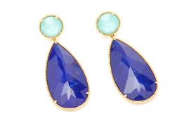 A PAIR OF LAPIS LAZULI AND TURQUOISE DROP EARRINGS