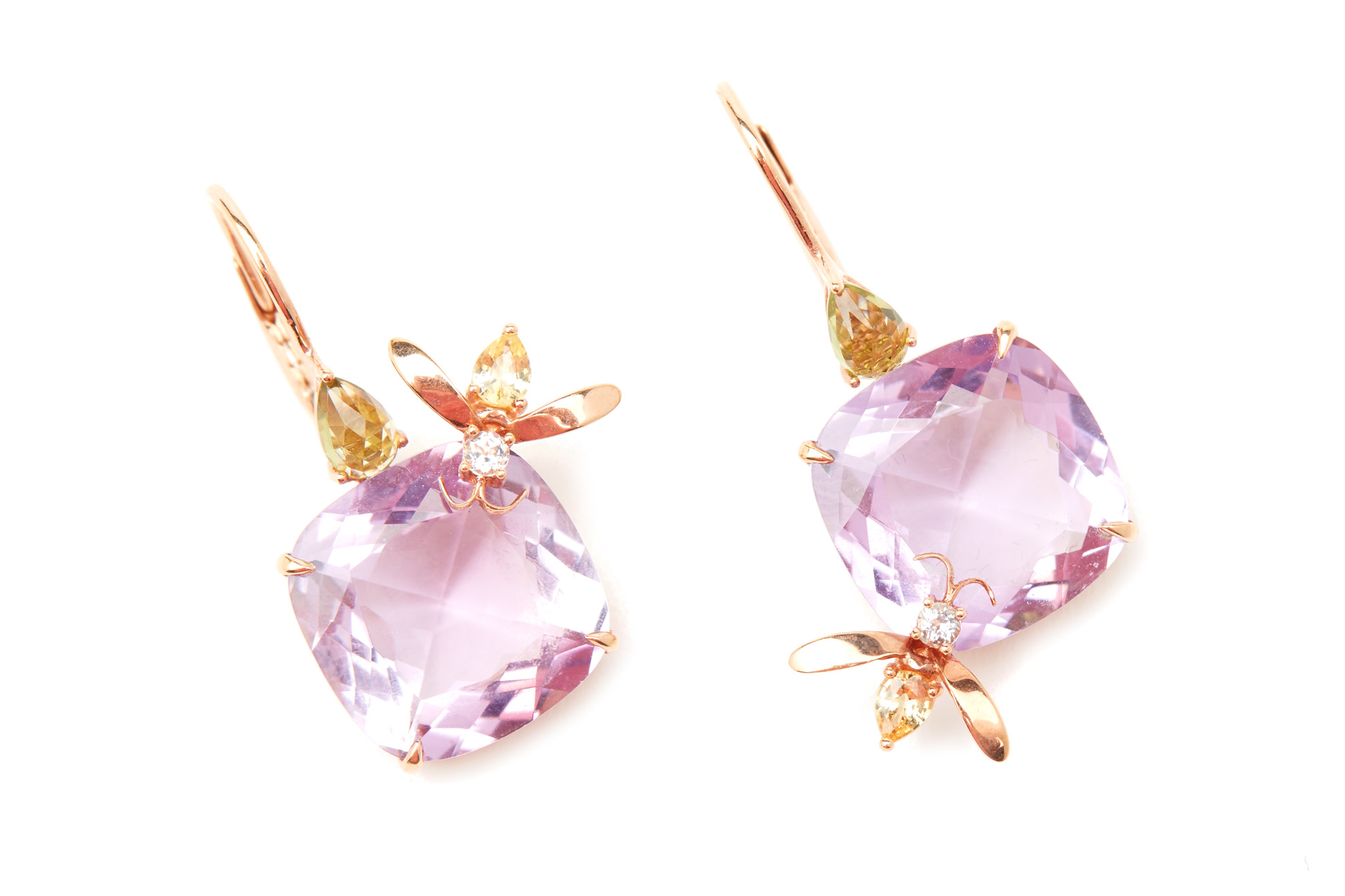 A PAIR OF AMETHYST AND MULTI GEM-SET BEE EARRINGS