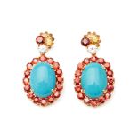 A PAIR OF TURQUOISE AND SAPPHIRE DROP EARRINGS