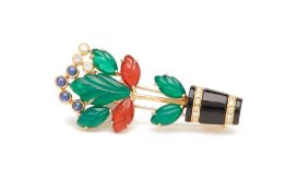 A CARTIER STYLE 18K GOLD & GEM SET NOVELTY BROOCH