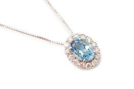 AN AQUAMARINE AND DIAMOND CLUSTER PENDANT ON CHAIN