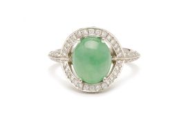 A PLATINUM JADE AND DIAMOND RING