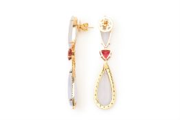 A PAIR OF CHALCEDONY, RUBELLITE AND EMERALD DROP EARRINGS