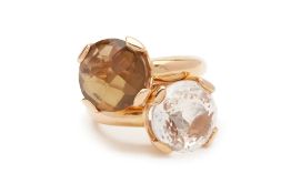 A PAIR OF 18K GOLD QUARTZ RINGS