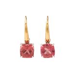 A PAIR OF TWO COLOUR GOLD AND PINK TOURMALINE EARRINGS