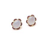 A PAIR OF CHALCEDONY AND RUBY STUD EARRINGS