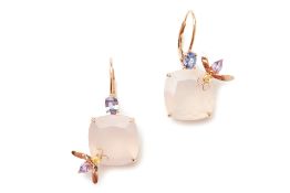 A PAIR OF ROSE QUARTZ AND MULTI GEM-SET BEE EARRINGS