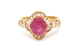 A RUBY AND DIAMOND CLUSTER RING