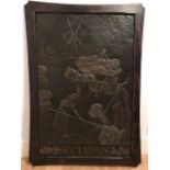 An Art Nouveau Dutch embossed copper plaque of harvesters entitled Autumn - 131cm x 93cm.