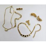 Christian Dior gold tone costume jewellery, two necklaces, one bracelet, one brooch, two pairs Ear.