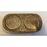 Antique Coin Lidded Snuff Box - 62mm x 31mm x 13mm inscribed to a James Denholm.