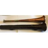 Antique Leather Cased Copper Hunting Horn - maker Percival London - owner Mr Pugh - Llanerchydol.