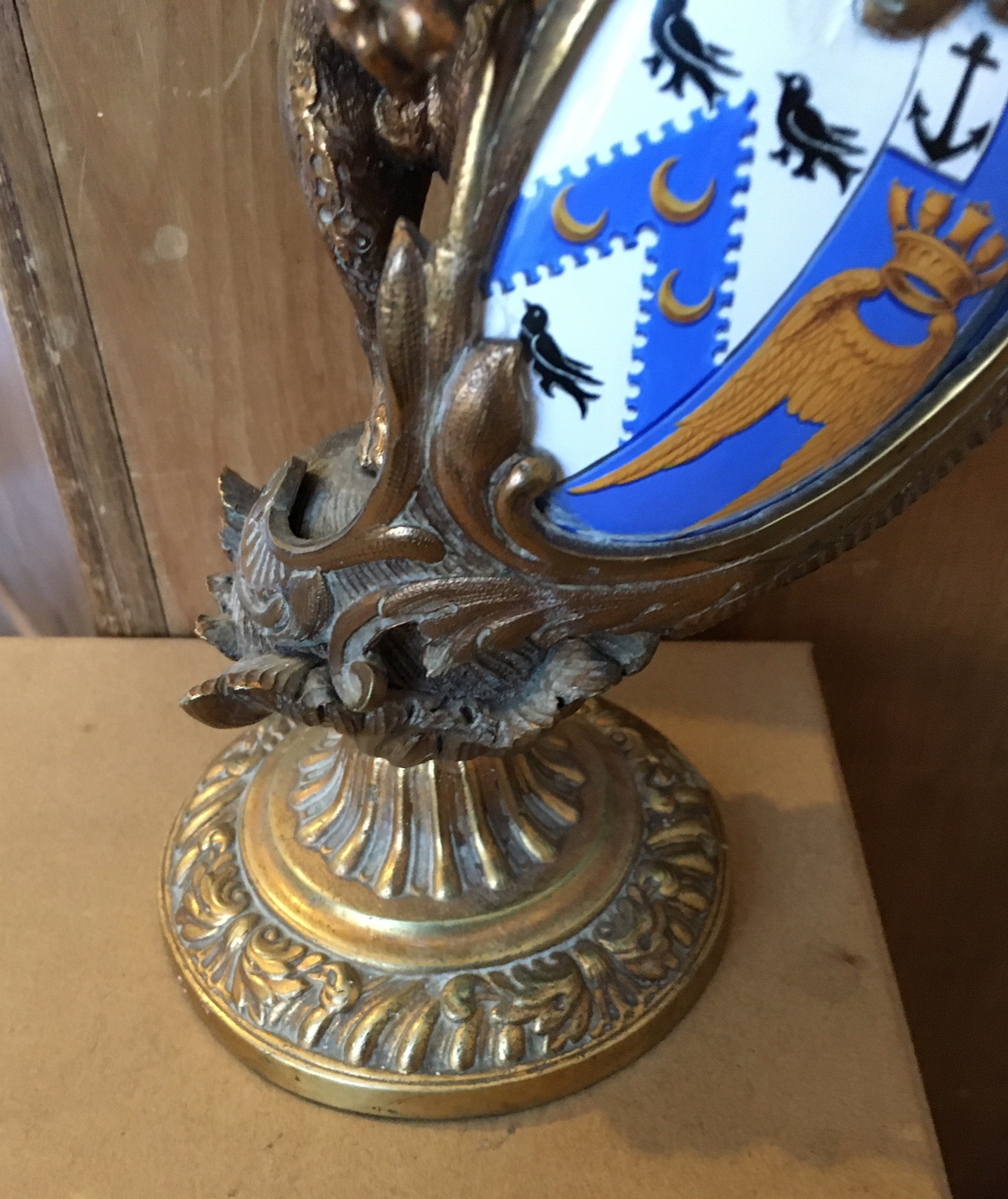 Bronze Lion Candlestick with Armorial Enamel Shield - 33.5cm tall. - Image 3 of 5