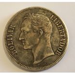 Bolivian 5 Bolivars 1919 Silver Coin