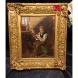 Antique Oil Painting of Flute Player - actual Oil 9 1/2" X 7 1/2".
