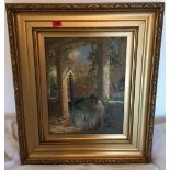 Gilt Framed A M Jenkins Oil Painting of Continental Canal Scene - actual Oil 17 1/2" x 13".
