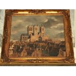 Oil Painting of Lincoln Cathedral and Town by Sikolas dated 76 - actual Oil 60cm x 50cm.