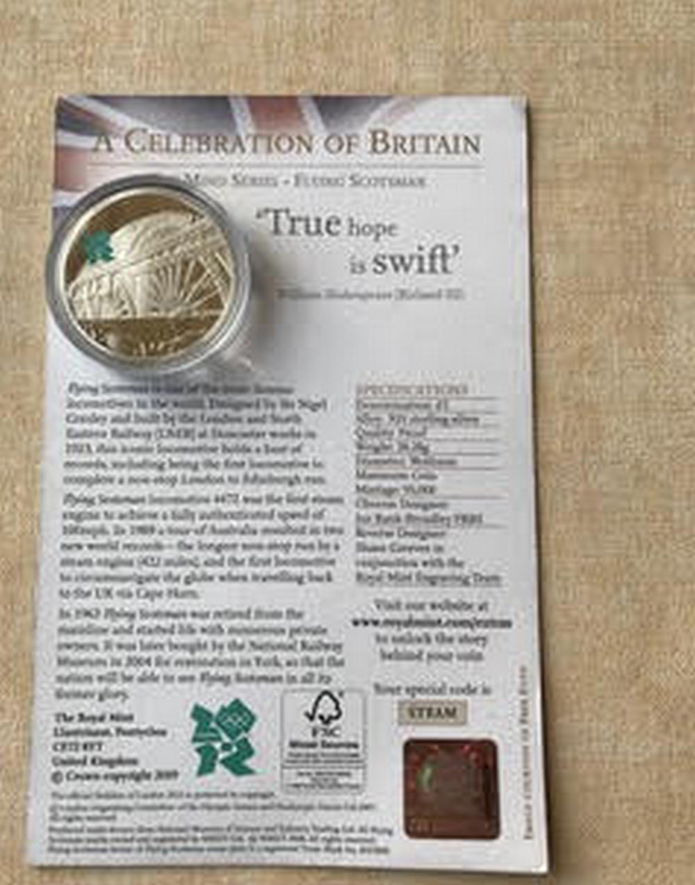 A 2009 £5 sterling 925 silver proof coin, weight 28.28g, in a protective case. - Image 2 of 2