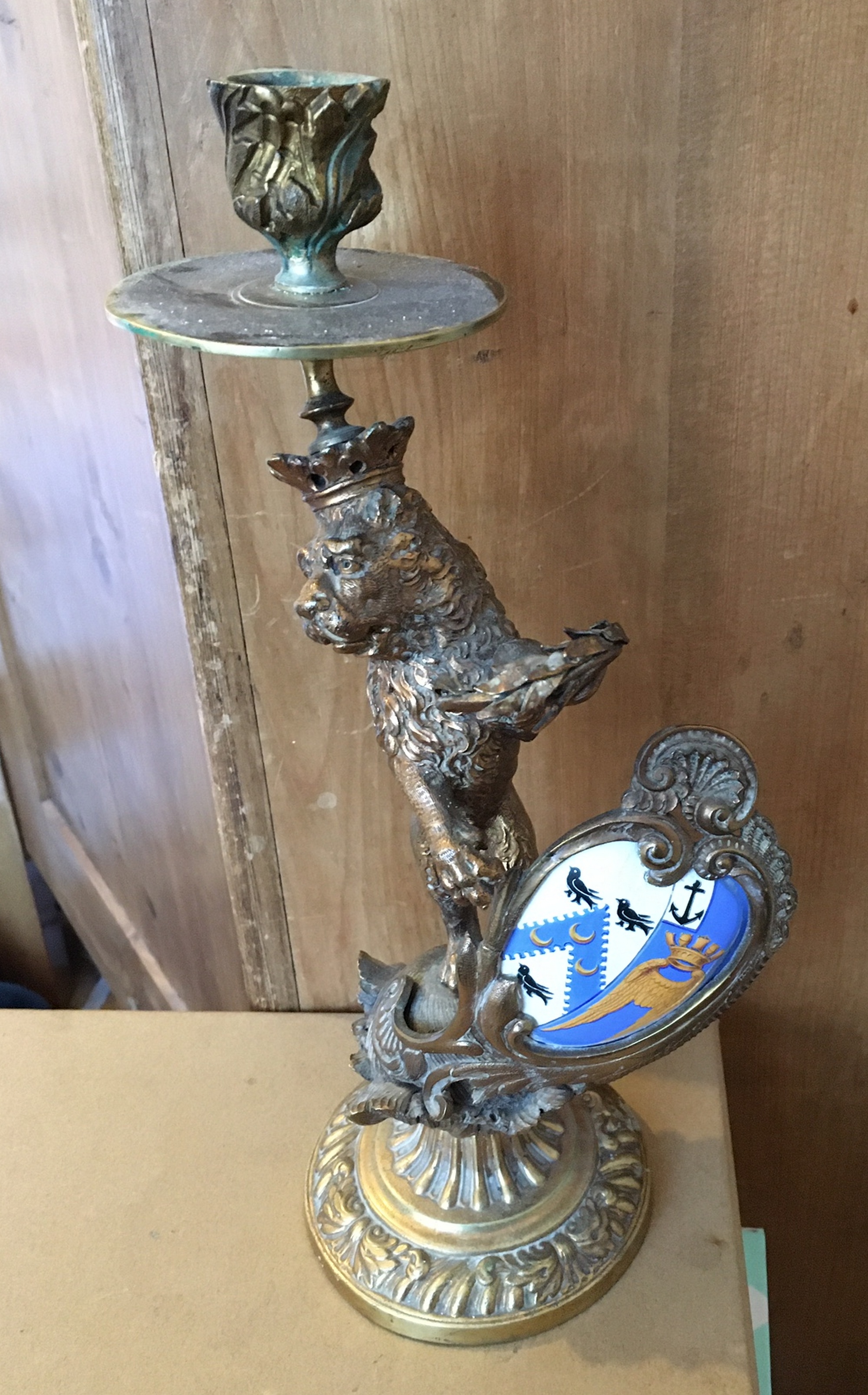 Bronze Lion Candlestick with Armorial Enamel Shield - 33.5cm tall.