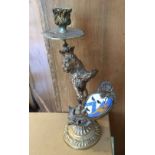 Bronze Lion Candlestick with Armorial Enamel Shield - 33.5cm tall.