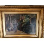 John R Houston 1876 Watercolour of Old Man&Woman and Vegetable Market Stall - actual picture 19"x13"