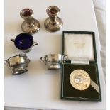 Lot of Silver Condiment Set and Silver Candlesticks etc.