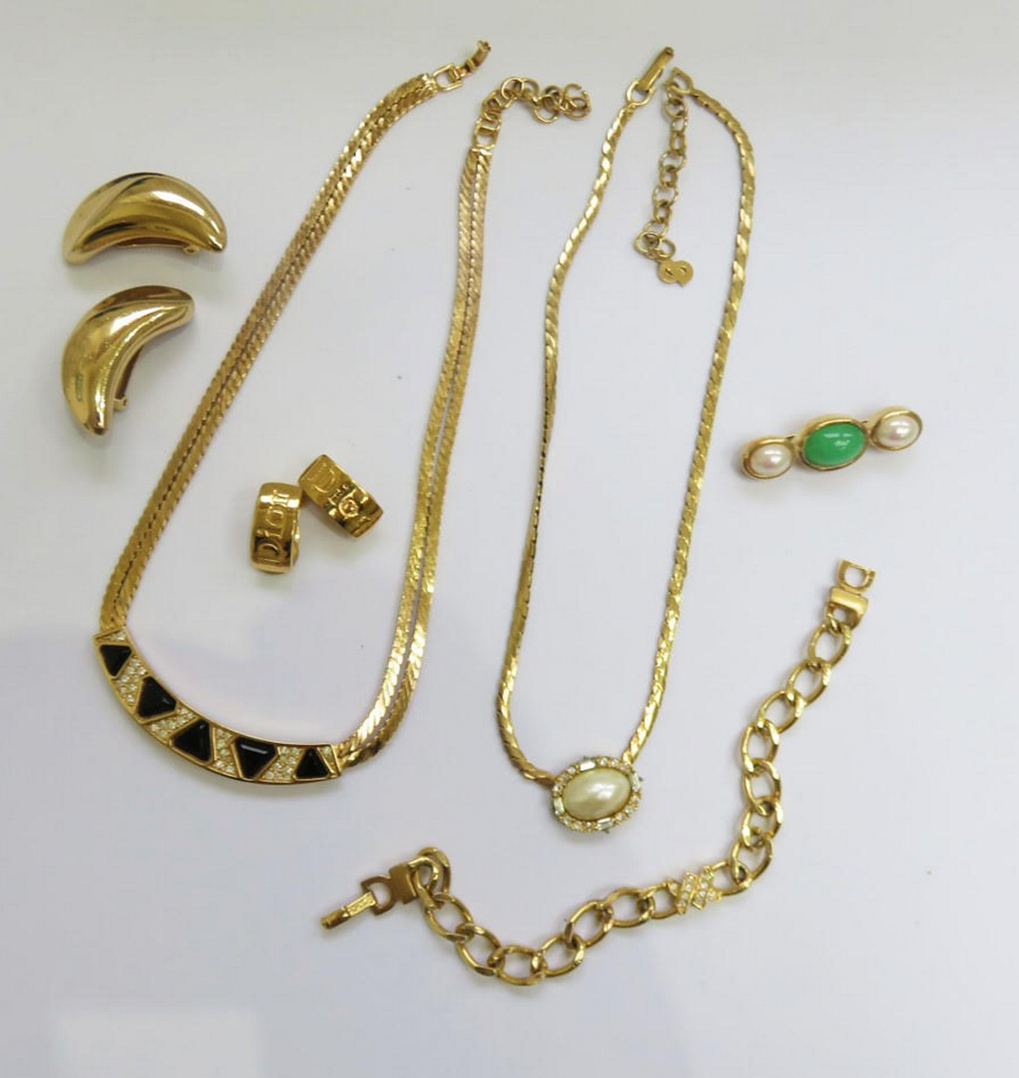 Christian Dior gold tone costume jewellery, two necklaces, one bracelet, one brooch, two pairs Ear. - Image 2 of 3