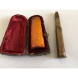 WW1 Queen Mary Brass Pencil Holder and Leather Cased Amber (10 grams) Cheroot Holder.