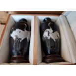 Antique Boxed Pair of Cloisonne Japanese Crane Vases approx 125mm tall on wooden stands.