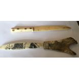 Norwegian Bone Knife dated 1866 with Decoration - 10 1/2" long - plus other Bone Knife - 9 1/2" long