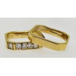 Set of two 9ct gold square shank rings, one of which is set with six 2.5mm diamonds. - (UK size O)