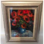 J D Henderson Oil Painting of Poppies in an Blue Vase - 23cm x 18.5cm.