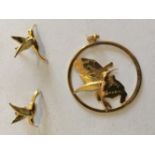 18 carat Gold Martinique Island Humming Bird Pendant and Humming Bird Earrings.