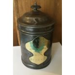 Scottish Antique Tin and Brass Tea Caddy - 8 1/2" tall - "Mak a Guid Cup of Tea - Mrs Fleming 1890"